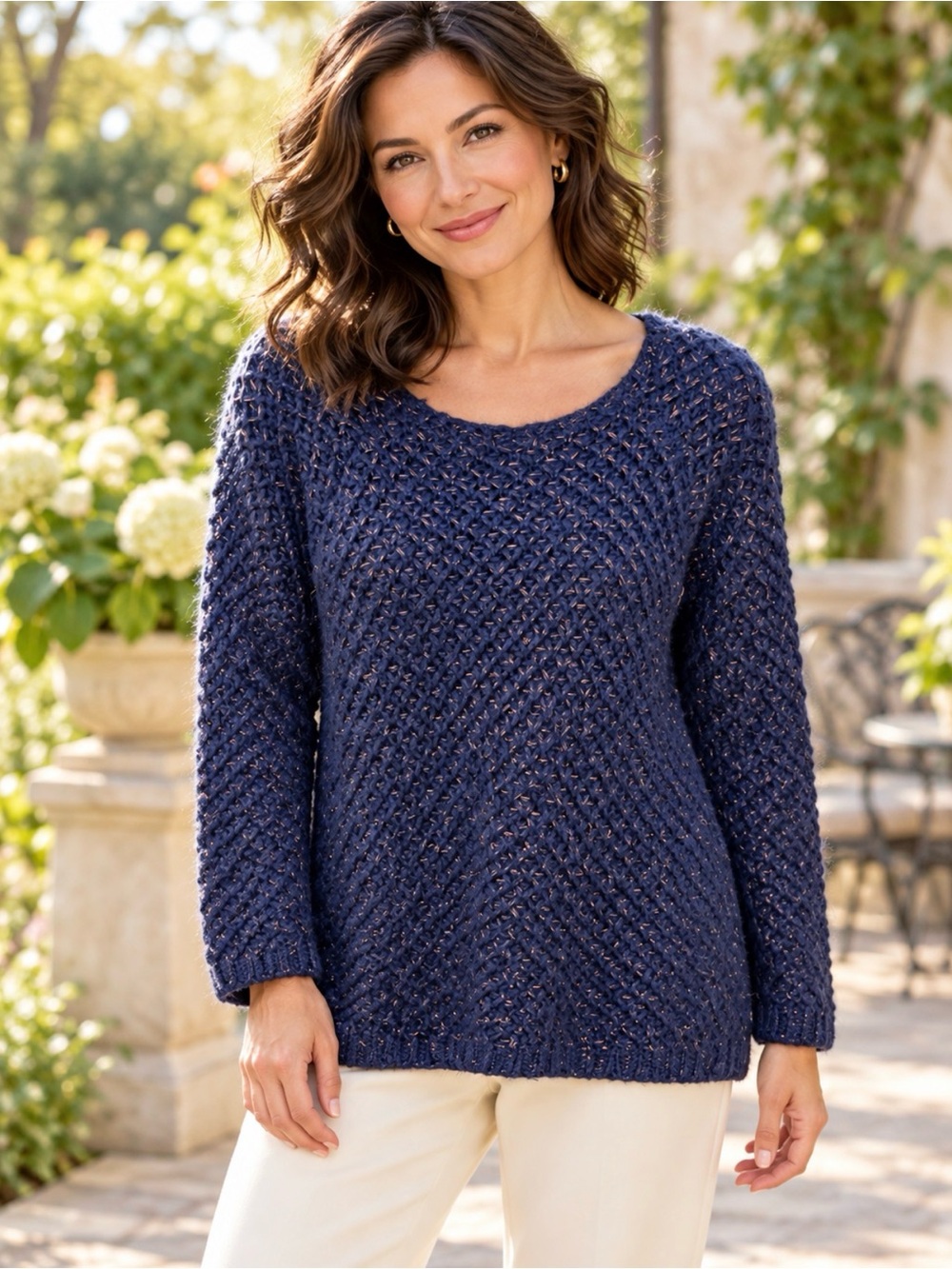 Soft Surroundings Navy Metallic Chunky Knit Sweater Petite Medium